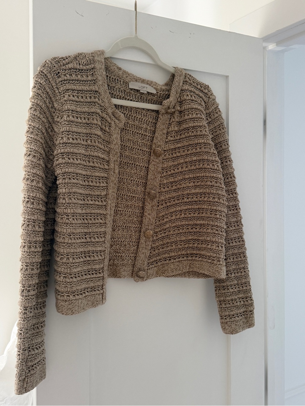 LOFT Neutral Taupe Textured Cropped Cardigan